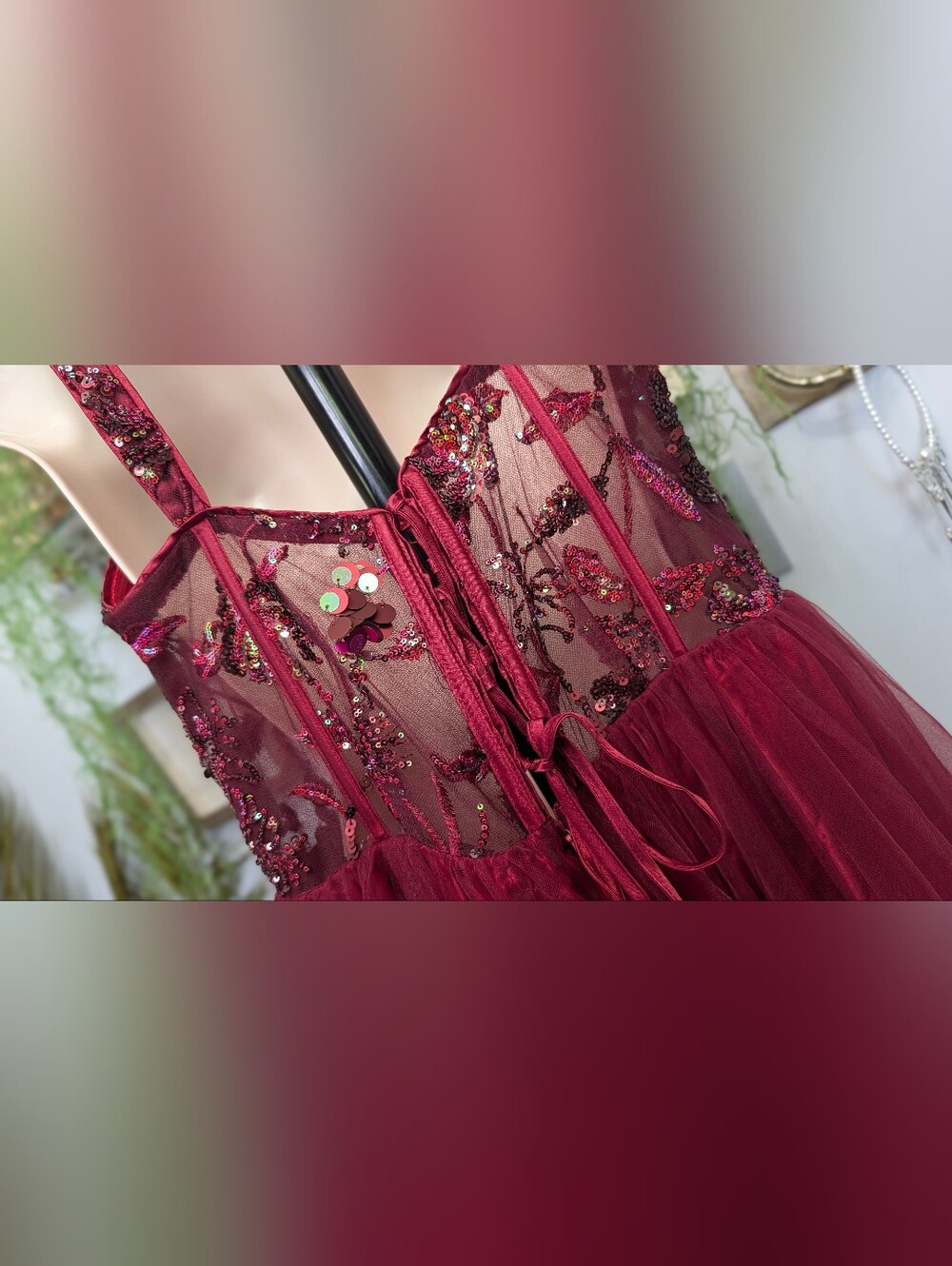 Faeriesty Maroon Metallic Tulle Beaded Bodice Corset Gown Maxi Fairy Dress LG - Picture 4 of 15